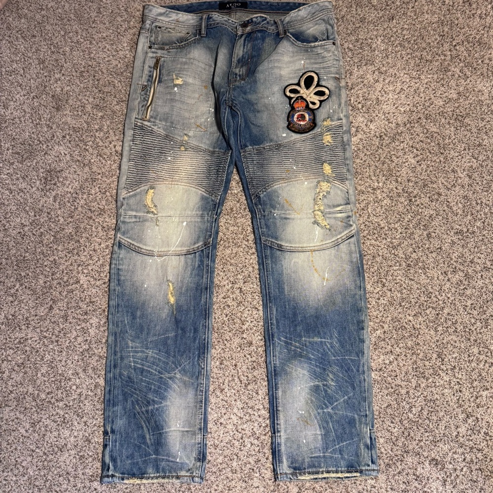 Akoo Mens Jeans Distressed  Paint Splatter & Patches - 38